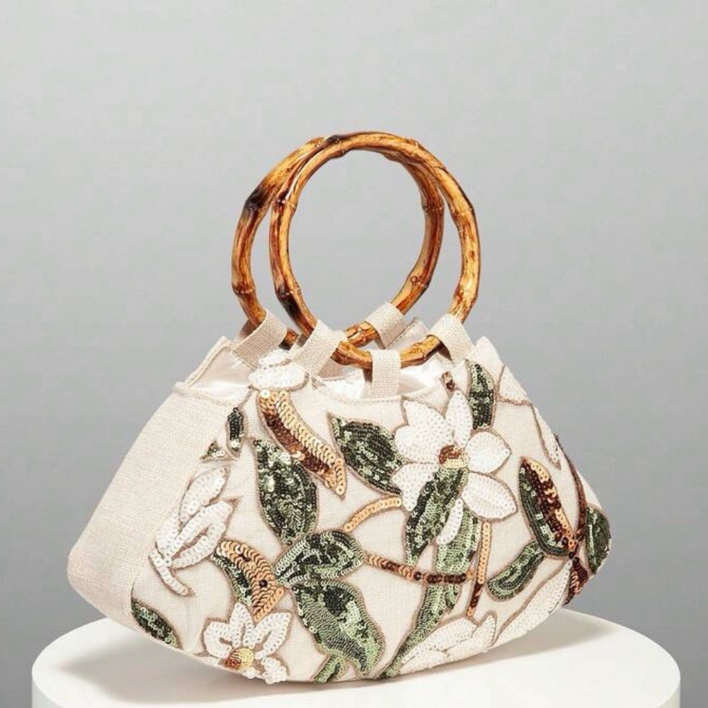 NEW Cream Embroidered Floral Mini Bag with Bamboo Handles